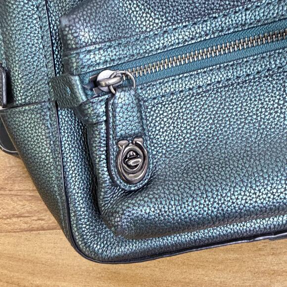 Coach Petite Campus Backpack 23 Green Metallic Polished Pebbled Leather Charm - Picture 9 of 16